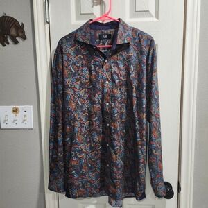 XMI Mens Paisley Print Long Sleeve Button Up Shirt Blue Red Orange XL